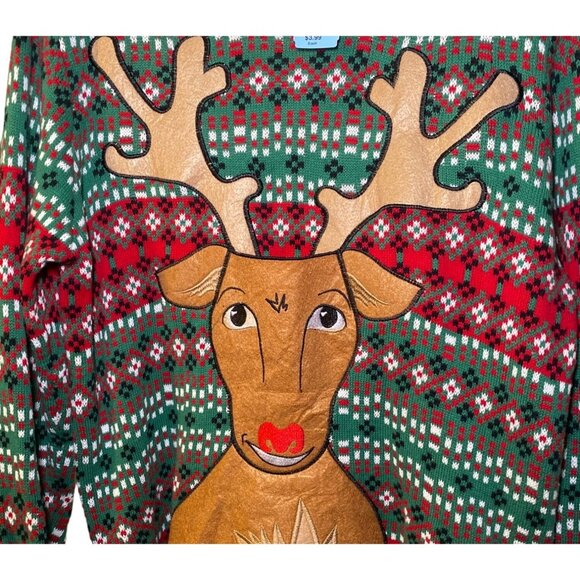 Ugly Christmas Sweater Reindeer Adults Lg Cotton Green/Red Festive Design Pocket - Picture 3 of 7